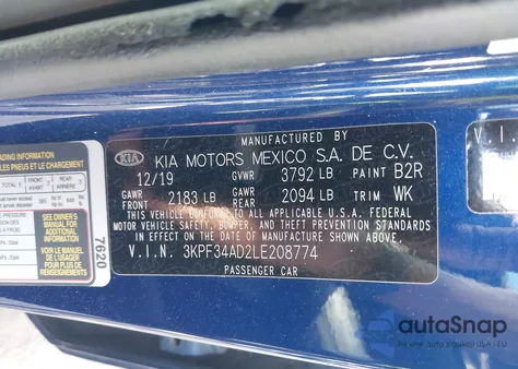 2020 Kia Forte Gt-Line z USA, uszkodzony, nr VIN 3KPF34AD2LE208774